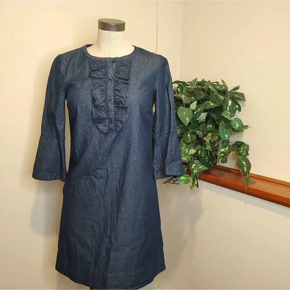 Draper James Denim Chambray Cotton Shift Dress with Ruffle Neckline Size 0